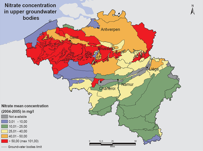 Figure 1 : Nitrate concentration in upper groundwater bodies in Belgium