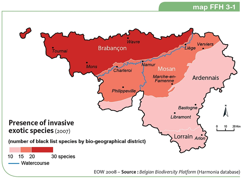 Figure 13: Geographic distribution of the presence of the number of black listed species in the Walloon Region
